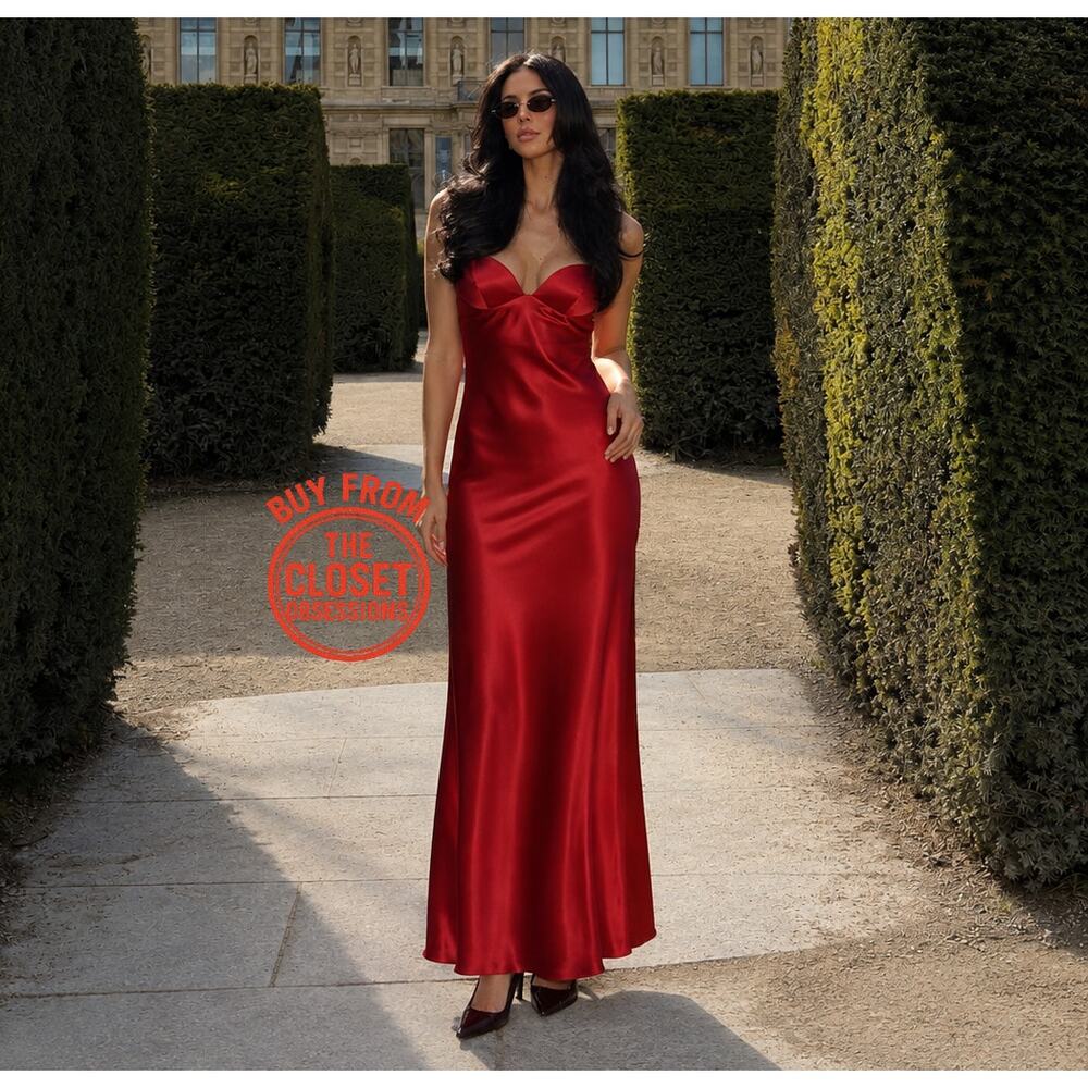 Zara NWT Red Satin Sweetheart Maxi Dress L - Picture 2 of 16